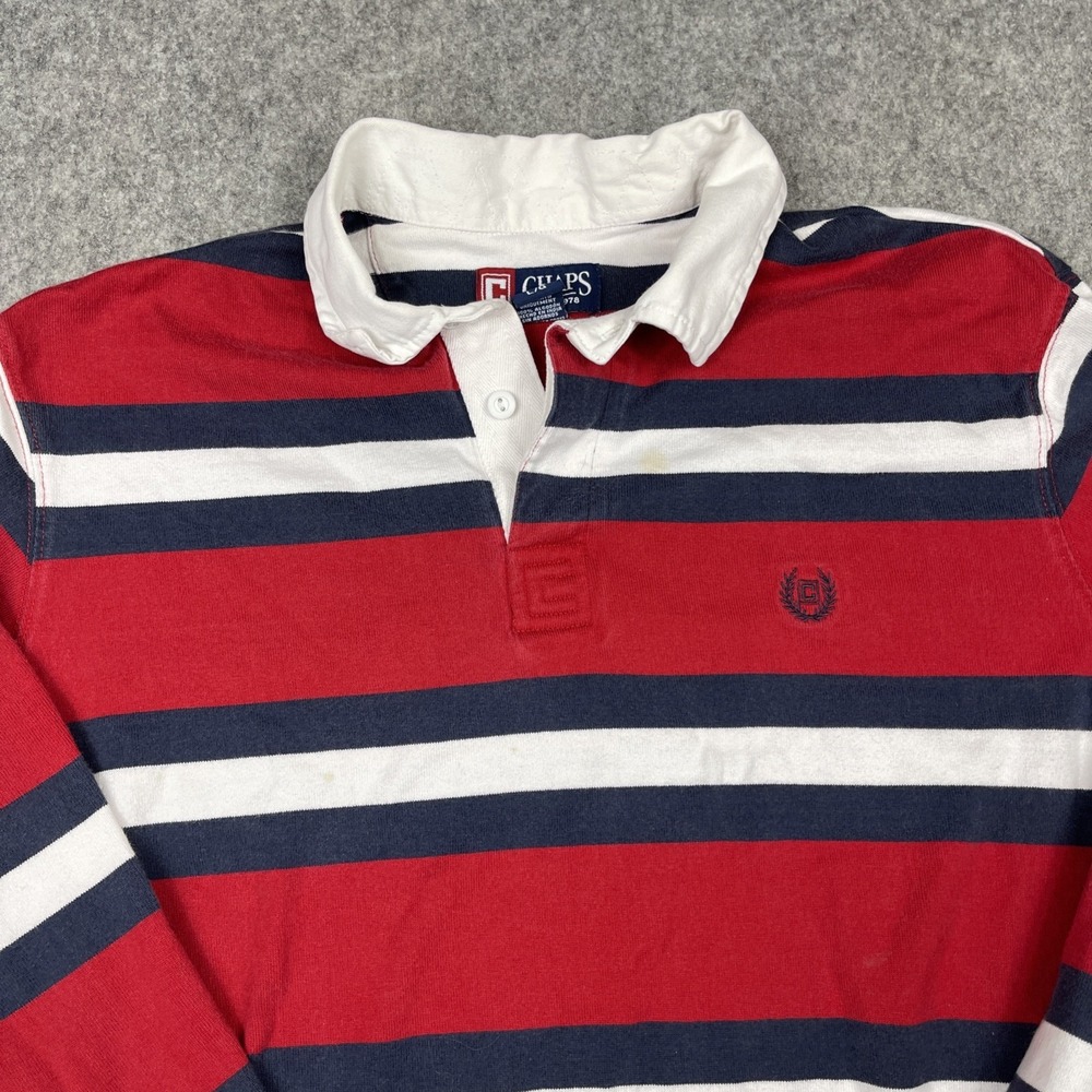 Chaps Striped Rugby Shirt‎ Mens Large Red Blue Long Sleeve Collared 80s Preppy